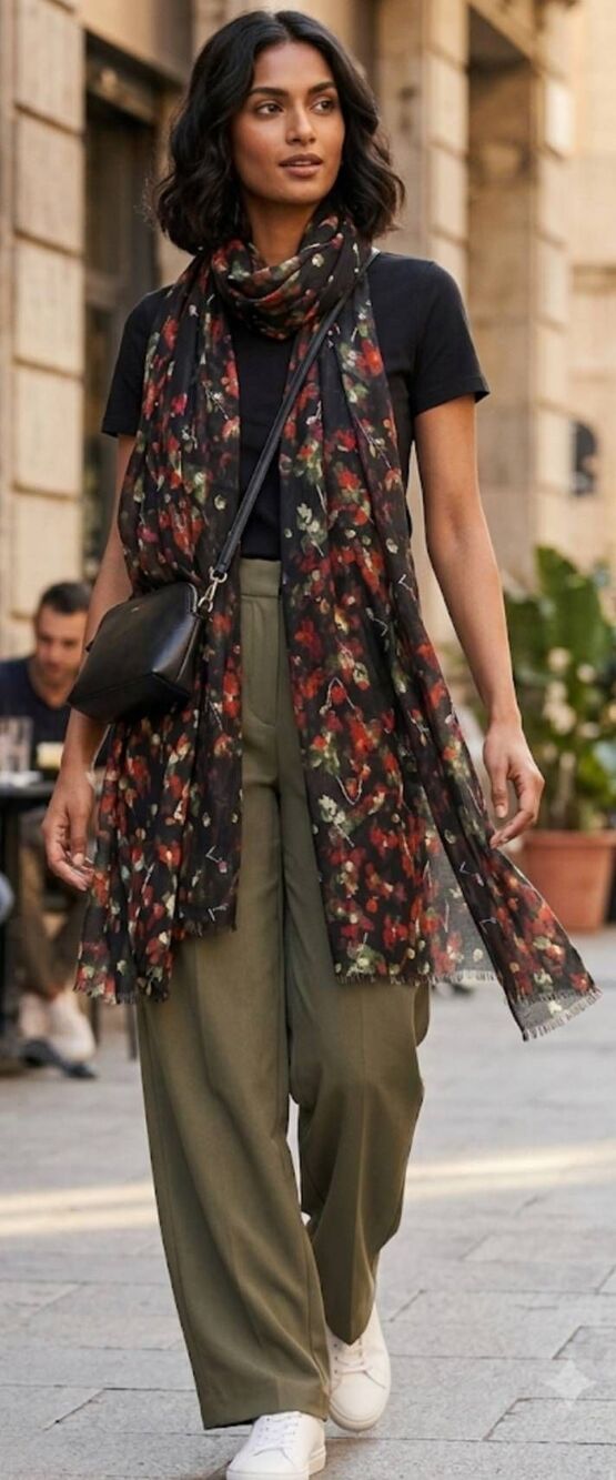 Chinar womens long fine wool silk scarf red black green multi floral